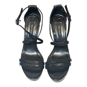 White House Black Market Leighton Wedge Jet Black Embossed Lizard Strap Sandal